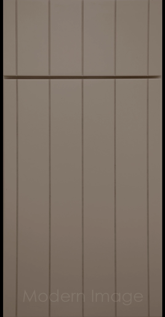 Brooklyn Flat-Panel Cabinet Door with 5 evenly spaced Vertical Grooves, French Grey color.